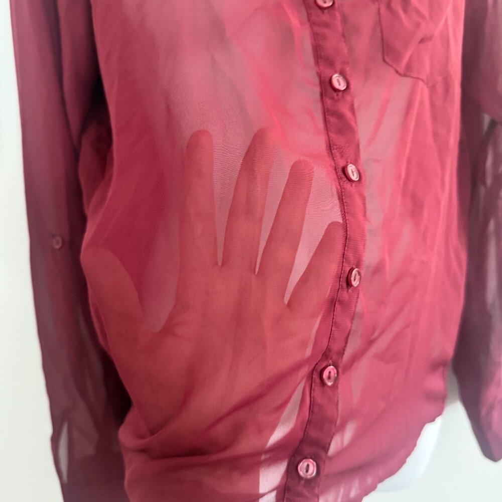 Full Tilt Sheer Burgundy Button-Down Blouse | Size M - Picture 6 of 10